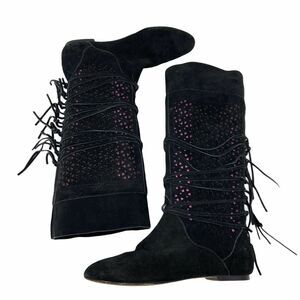 Madison Harding Black Suede Tall Laser Cut Boho Fringe Boots Sz 7